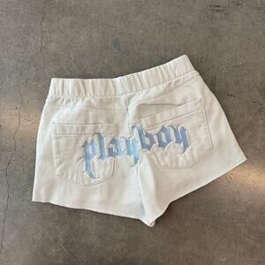 Vintage Y2k Playboy Cutoff Mini White Embroidered Sweat Shorts Women's XS